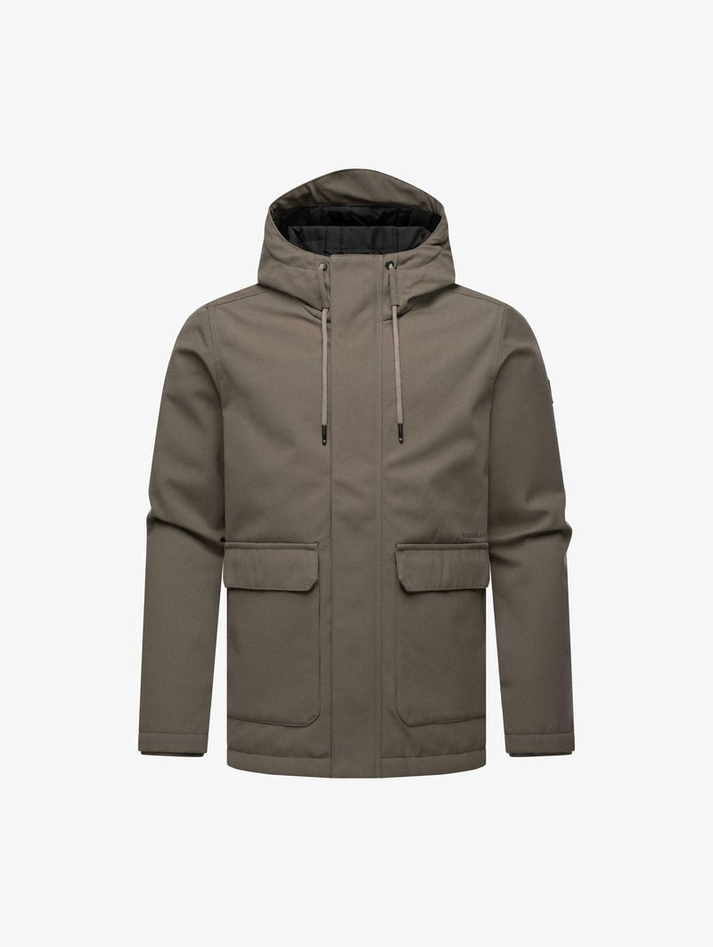 Chaqueta con capucha de color verde oliva con cierre de cremallera, dos bolsillos frontales y cordón en el cuello. Textura suave y un diseño limpio y minimalista.