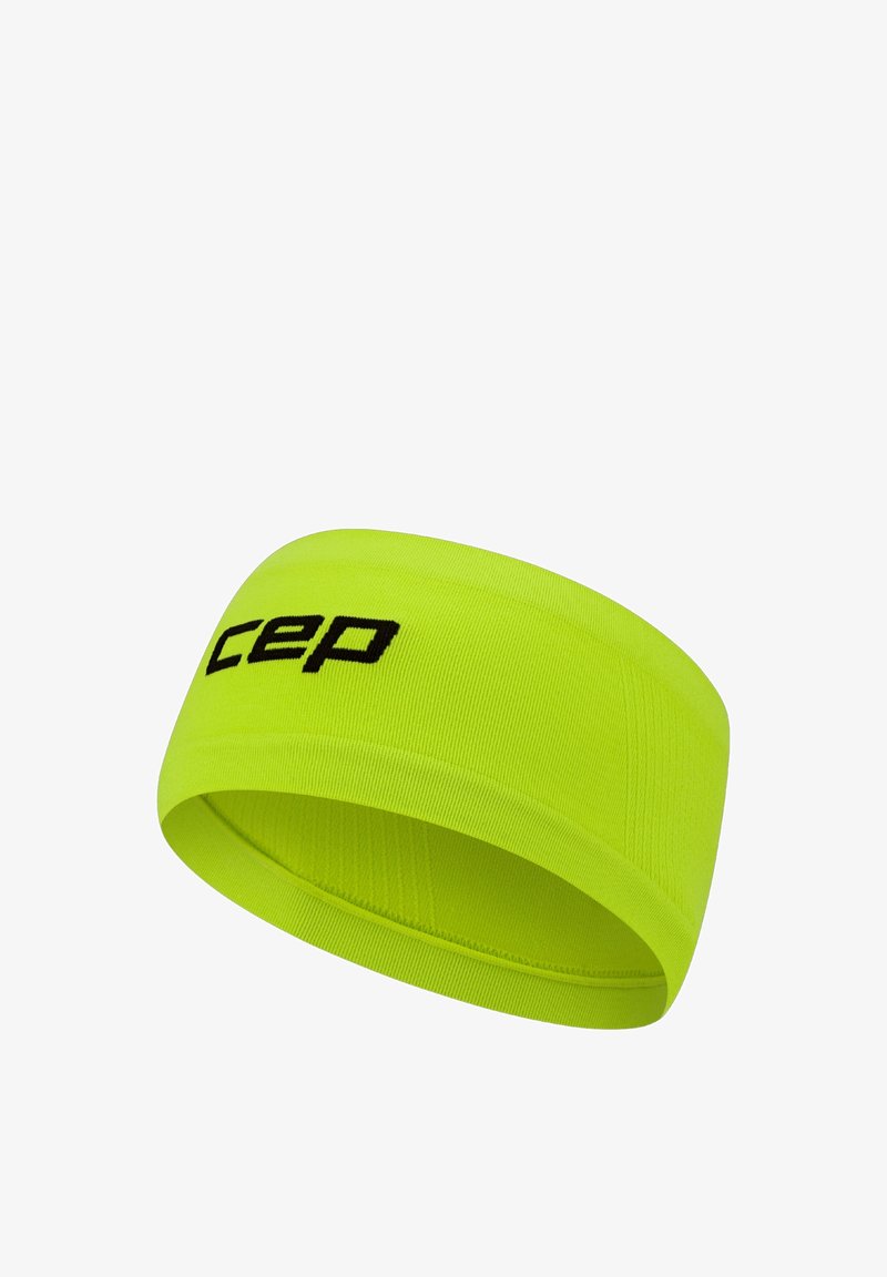 Gelbfarbenes sportliches Stirnband aus weichem Stoff, mit einer strukturierten Oberfläche und einem schwarzen "cep"-Logo auf der Vorderseite.