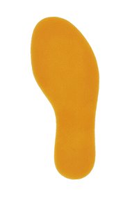 Geel gewatteerd inlegzool met een gestructureerd oppervlak, dat de vorm van een voet nabootst, ontworpen voor comfort en ondersteuning in schoeisel.