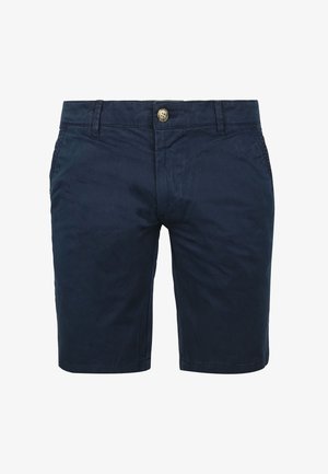 Marineblauwe shorts van zachte stof, met een knoopsluiting, rechte voorkant en zijzakken. Rechtermouw ontwerp en gladde textuur.