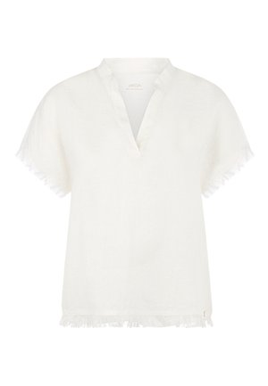 Weiße Kurzarmbluse mit V-Ausschnitt und dezenten Fransen-Details an Ärmeln und Saum.