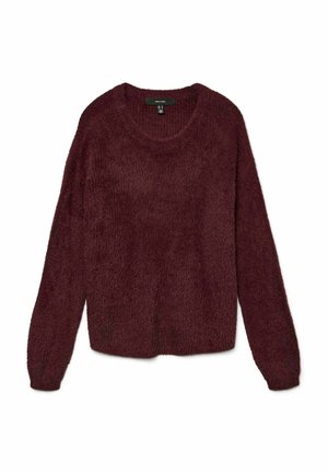 Bordeauxfarbener Pullover, weicher, kuscheliger Stoff, runder Halsausschnitt, lange Ärmel und verkürzte Passform. Keine sichtbaren Muster oder Hardwaredetails.