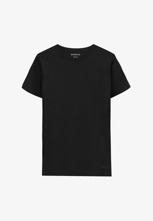 Czarna bawełniana koszulka z krótkim rękawem, okrągłym dekoltem i prostym wykończeniem. Na dole po lewej stronie znajduje się subtelne logo.