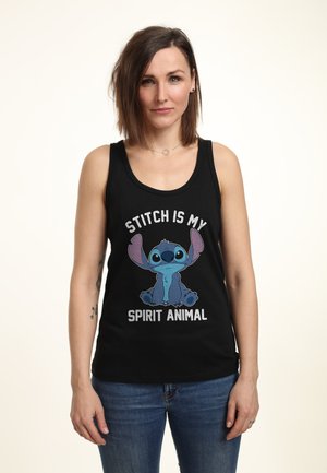 Svart linne med en grafisk bild av Stitch, med texten "STITCH ÄR MIN SPIRITUELLA DJUR" i vitt. Tillverkat av bomull, avslappnad passform.