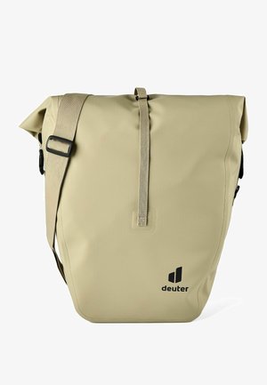 Sac messager beige imperméable Deuter à rabat enroulable, avec bandoulière réglable et logo noir sur le devant.