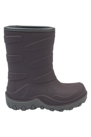 Middels høy, mørk gummistøvel med teksturert såle, rillet design på skaftet og avrundet tå, egnet for utendørsbruk eller våte forhold.