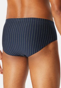 Des slips de bain marine présentent des rayures verticales blanches, une taille flexible et un design lisse et ajusté. Le tissu a un léger éclat.