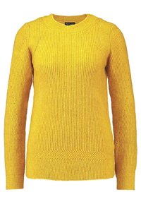Yellow knitted sweater with long sleeves, ribbed texture, and a rounded neckline; features a straight hem and subtle pattern in fabric.