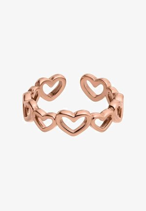 Rose gold open ring made of linked hollow heart shapes forming a continuous band.