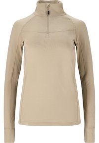 Beige long-sleeve pullover with a high collar and quarter zip, featuring flatlock seams and a smooth, stretchy fabric texture.