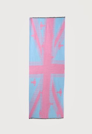 Tissu rayé bleu et rose avec un motif Union Jack et de petites silhouettes d'oiseaux tissées partout.
