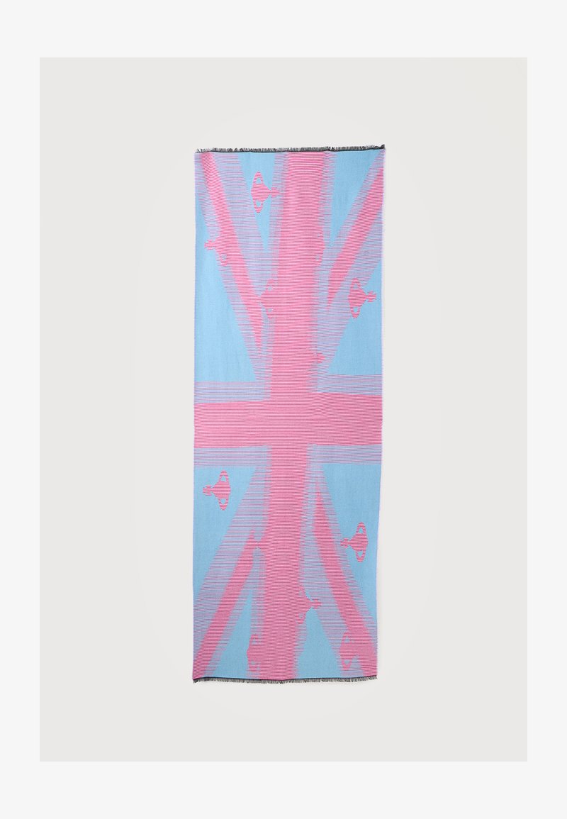 Tissu rayé bleu et rose avec un motif Union Jack et de petites silhouettes d'oiseaux tissées partout.
