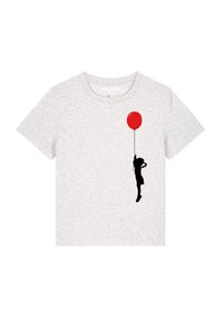 Grijze t-shirt met korte mouwen met een zwarte silhouet van een kind dat een rode ballon vasthoudt, ontworpen met een ronde hals en een zachte textuur.