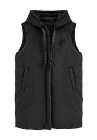 Czarna bezrękawnikowa kamizelka puchowa z kapturem, wyposażona w dwie boczne kieszenie, zapięcie na zamek z przodu oraz troczki z nadrukiem "POLO CLUB".