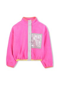 Fleece jacket in bright pink with a high collar, silver snap buttons, and a shiny silver pocket. Features yellow hem and cuffs.