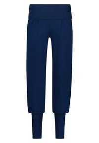 Marineblaue Baumwollmischung-Hosen mit verkürztem Schnitt, breitem Bund, schmal zulaufenden Beinen und dezenten Falten in der Taille. Keine sichtbaren Beschläge oder Muster.