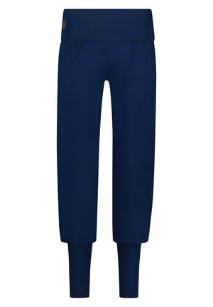 Marineblaue Baumwollmischung-Hosen mit verkürztem Schnitt, breitem Bund, schmal zulaufenden Beinen und dezenten Falten in der Taille. Keine sichtbaren Beschläge oder Muster.