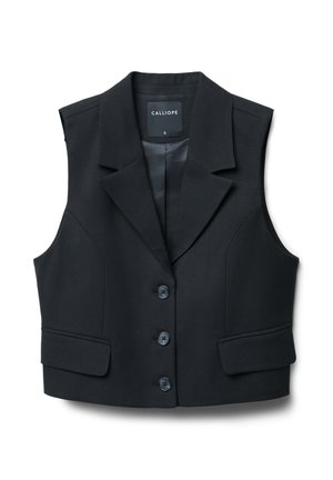 Gilet sans manches noir avec un col à revers, une fermeture boutonnée sur le devant et deux poches avant ; fabriqué en tissu lisse avec un design ajusté.