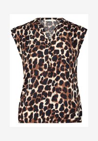 Blusa a stampa leopardata con maniche corte, caratterizzata da una scollatura a V e dettagli con bottoni. Realizzata in tessuto leggero nei colori marrone, nero e crema.