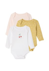 Drei langärmelige Bodysuits: einer in blassrosa, einer in weiß mit einem Kirschgrafik und einer in senfgelb mit floralem Muster. Aus Baumwollmaterial.