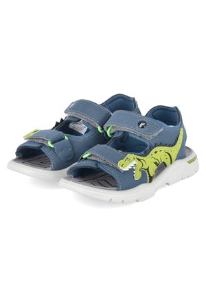 Blaue Kindersandalen mit Klettverschlüssen und grünem Dinosaurier-Motiv an den Seiten, mit weißen Sohlen und strukturierten Fußbetten.