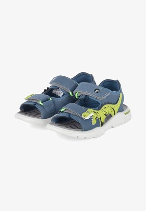 Blaue Kindersandalen mit Klettverschlüssen und grünem Dinosaurier-Motiv an den Seiten, mit weißen Sohlen und strukturierten Fußbetten.