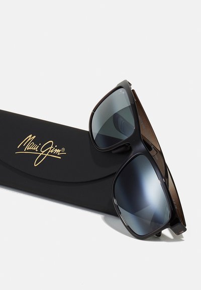 Occhiali da sole aviator neri con lenti scure sfumate, caratterizzati da una elegante montatura in plastica e una custodia nera con logo dorato.