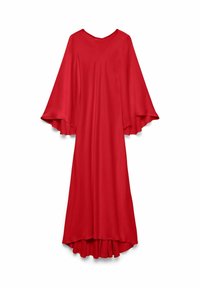 Sarkans maksivakss ar plašiem zvana piedurknēm, izgatavots no gludas auduma, ar apaļu kakla izgriezumu un plūstošu siluetu.