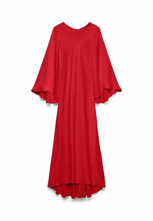 Punane maksimekko laiadest kellukatest varrukatest, valmistatud siledast kangast, ümmarguse kaelusega ja voolava siluetiga.