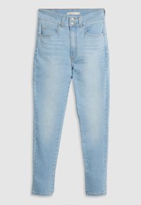 Vaqueros azul claro de talle alto en tela vaquera con ajuste slim, que presentan dos bolsillos delanteros y dos traseros, con cierre de cremallera y botón.