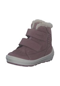 Stivali alla caviglia in pelle rosa con due cinghie a strappo, fodera in pelliccia sintetica, dettagli laterali perforati e suola in gomma bianca.
