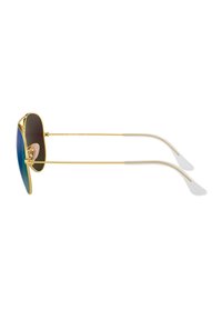 Occhiali da sole con montatura in metallo dorato e lenti blu, dal design elegante e con dettagli in gomma bianca alle estremità delle aste per un maggiore comfort.