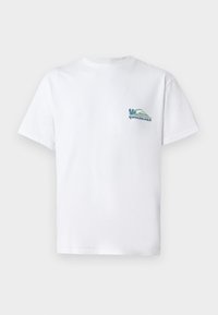 White cotton t-shirt with short sleeves and a crew neck. Features a colorful Quicksilver logo on the left chest, depicting mountains and waves.