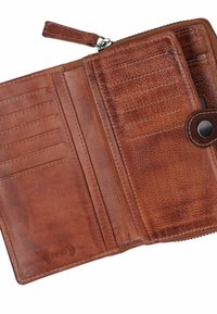 Brown leather wallet with a textured surface, multiple card slots, a zippered section, and an RFID logo embossed on the inside.