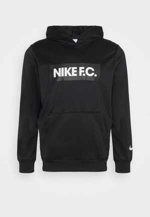 Černá mikina Nike s nápisem "NIKE F.C." v bílé barvě na přední straně, kapsou kangaroo vpředu a malým bílým logem Nike na levém rukávu.