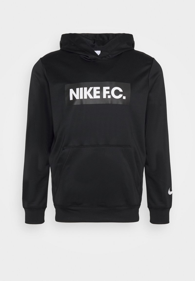 Sweat à capuche noir Nike avec "NIKE F.C." en blanc sur le devant, poche kangourou avant, et petit logo Nike blanc sur la manche gauche.