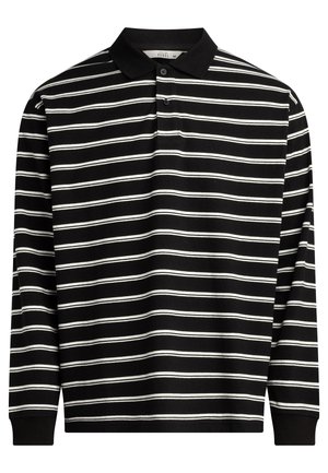 Long-sleeve polo shirt crafted from black fabric with white horizontal stripes, featuring a collar and three-button placket.
