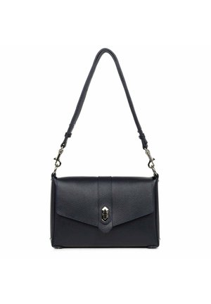 Borsa a tracolla in pelle blu navy con finitura testurizzata, chiusura a pattina e hardware metallico. Presenta una tracolla removibile per opzioni di trasporto versatili.