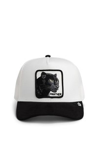 Gorra trucker blanca y negra con un parche que muestra la cabeza de una pantera negra y la palabra "PANTHER" debajo.