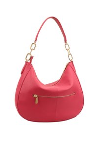 Roze leren hobo tas met een gladde textuur, een ritsvak aan de voorkant en een korte handgreep met gouden kettingaccenten.