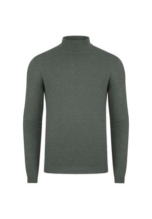 Ciemnozielony sweter z golfem wykonany z gładkiej dzianiny, z długimi rękawami i prążkowanymi wykończeniami przy szyi oraz na dolnym końcu.