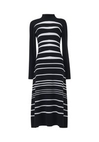 Zwarte lange mouw midi-jurk met hoge halslijn, met witte horizontale strepen die een contourerende, golvende patroon over het lichaam creëren.