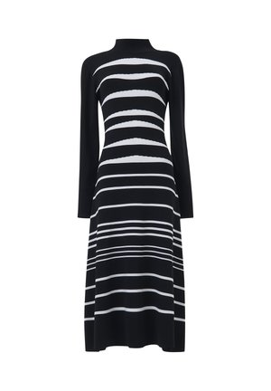 Vestido midi negro de manga larga con cuello alto, que presenta rayas horizontales blancas que crean un patrón ondulado y contorneado en el cuerpo.