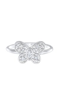 Sommerfugl-formet ring i poleret sølv, prydet med funklende ædelsten i et struktureret design. Glat ring med en delikat opbygning.