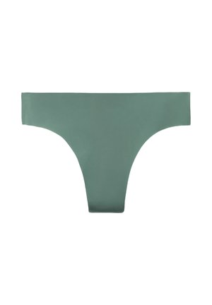 Ljusgrön sömlös tanga med en slät yta och minimalistisk design. Breda sidor och ingen synlig dekoration eller mönster.