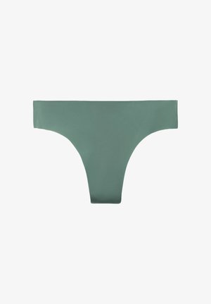 Ljusgrön sömlös tanga med en slät yta och minimalistisk design. Breda sidor och ingen synlig dekoration eller mönster.