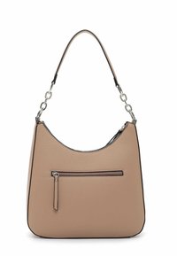Beige synthetic leather shoulder bag with a rounded top, silver hardware, and an external zippered pocket. Textured surface and contrasting edge.