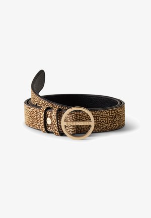 Brauner, gesprenkelter Ledergürtel mit rundem goldfarbenem Schnallenverschluss, der mit "Borbonese" graviert ist, aufgerollt auf weißem Hintergrund.