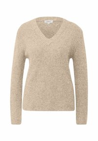 Beige Strickpullover mit V-Ausschnitt, langen Ärmeln und gerippter Struktur. Mit diagonalen Nähten an den Seiten für eine taillierte Optik.