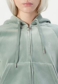 Lichtgroene fluwelen hoodie met een ritssluiting en zilveren hardware, voorzien van een voorklep en een logo geborduurd aan de linkerkant.
